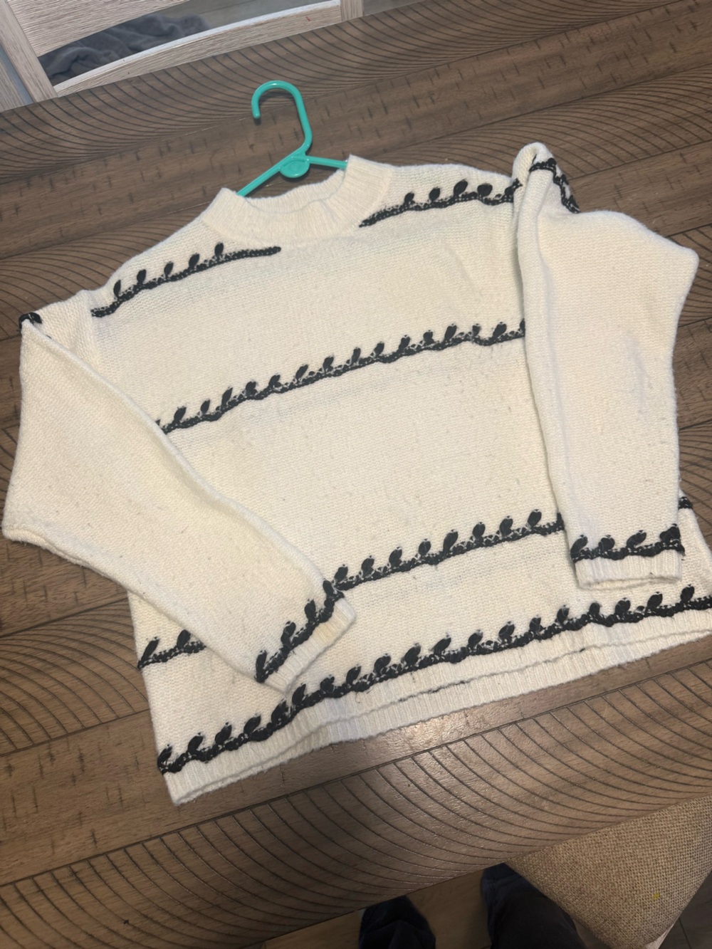 Cream Crewneck Sweater with Black Leaf Trim